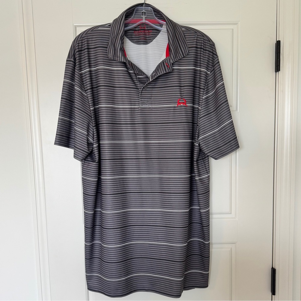 Men's Cinch Gray Striped Polo Shirt Performance Polo Short Sleeve 2XL,XXL‎ EUC